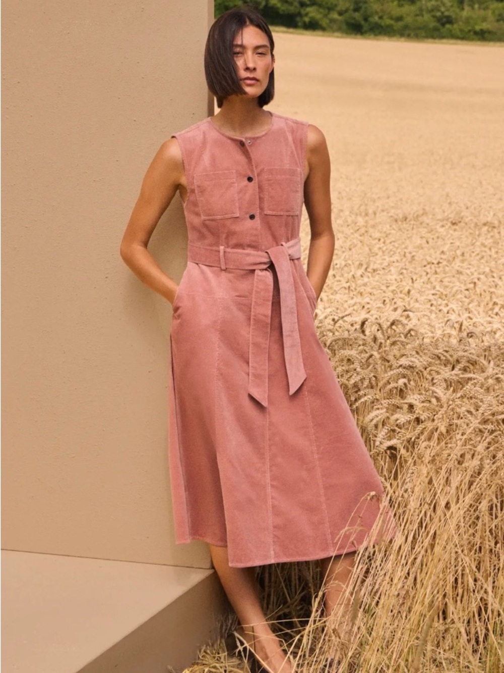 Karen Millen Dusty Rose Sleeveless Belted Midi Dress